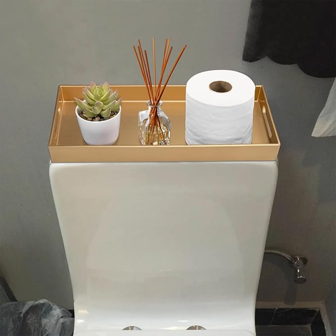 MAONAME Gold Vanity Tray Set of 2, Plastic Decorative Tray with Handles, Rectangular Bathroom Trays for Toilet Tank, 13.8" X 6" X 1.57"
