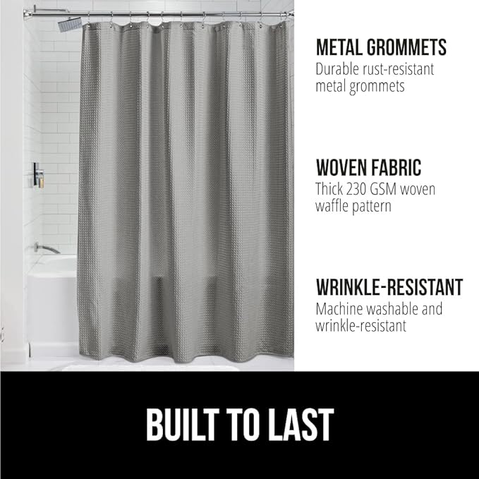 GORILLA GRIP Waffle Shower Curtain and Area Rug Set, Waffle Shower Curtain Size 72x72, Washable, Contour Set Includes 30x20 Bath Rug and Toilet Mat, Microfiber Quick Dry, Both in Gray, 2 Item Bundle