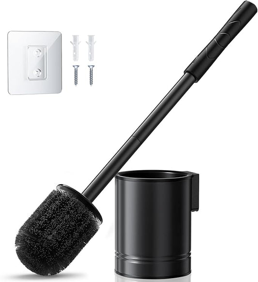 HAMITOR Black Toilet Bowl Brush: Metal Rustproof Bathroom Cleaning Accessories Set with Hidden Holder for Renters - Wall-Mounted Family Compact Toilet Cleaner Kits for Apartment RV Small Space