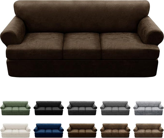 4-Piece T Couch Cover - Leather Look Slipcovers for 3 Cushion Sofa, Washable, Coffee