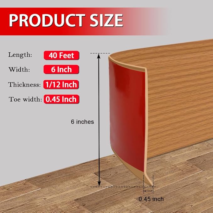 Vinyl Wall Base Baseboard Molding Trim 6" Flexible Self Adhesive Rubber Wall Base Moulding Trim Peel and Stick Design, 6 Inch x 40 Feet, Yellow Wood