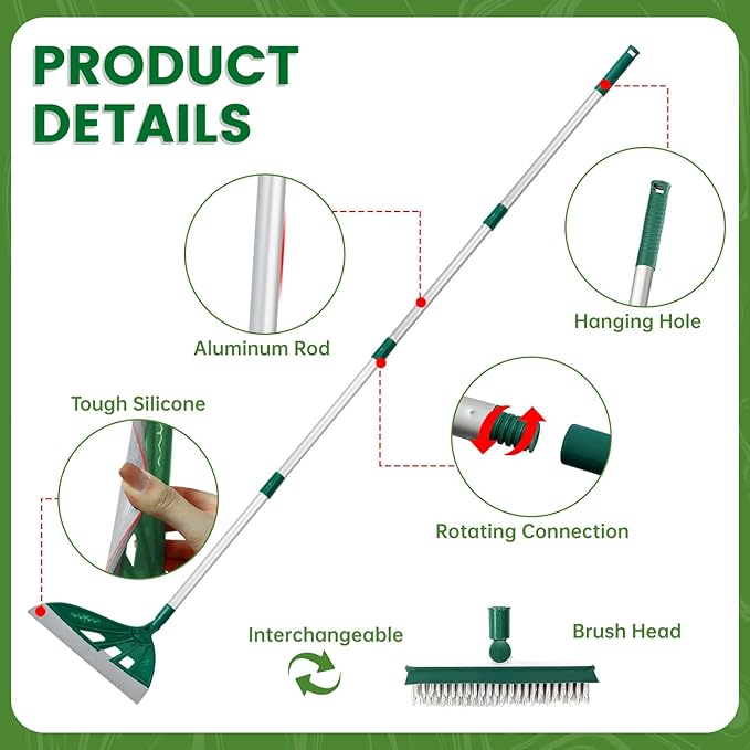 Air Broom for Household Cleaning, Silicone Broom with Adjustable Height&Angle Aluminum Handle, Squeegee Broom for Wet&Dry Messes, Hair, Liquids, Glass, Bathroom, Kitchen on Smooth Floor (Green)