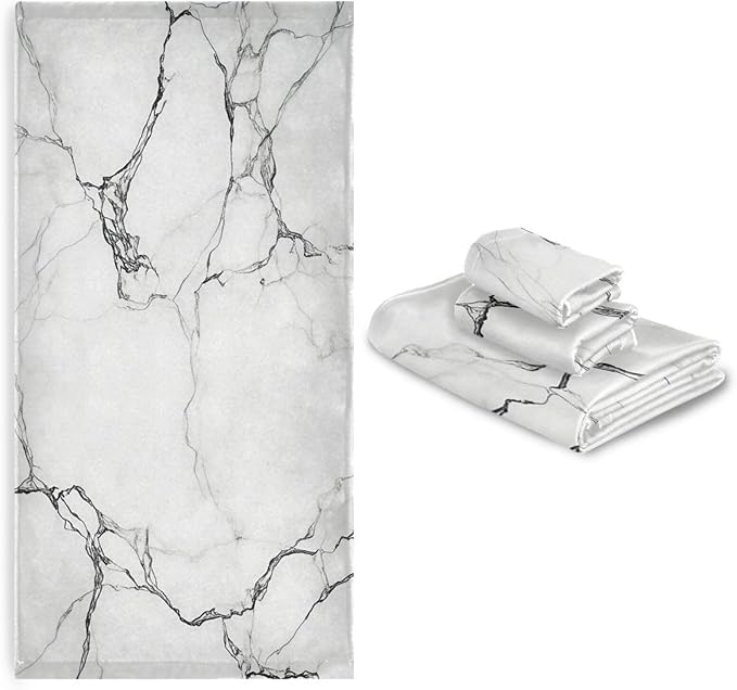 Pfrewn Marble White Towels Set of 3 Marbling Texture Art Bathroom Towel Soft Absorbent Bath Hand Towels Washcloth Guest Towel Sets Bathroom Decorations