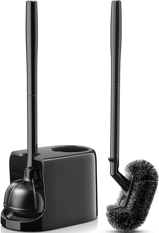 HAMITOR Toilet Plunger Bowl Brush Combo：Heavy Duty Rubber for Drain Clog Remover - Curved Design Bristles for Deep Cleaning Under Rim - Compact Bathroom Cleaning Tools for New Homet Essentials - Black