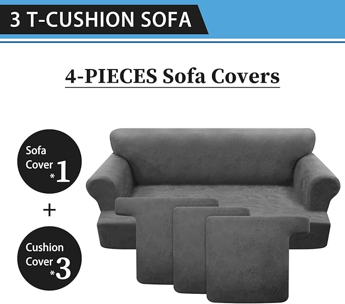 4-Piece T Couch Cover - Leather Look Slipcovers for 3 Cushion Sofa, Washable, Grey
