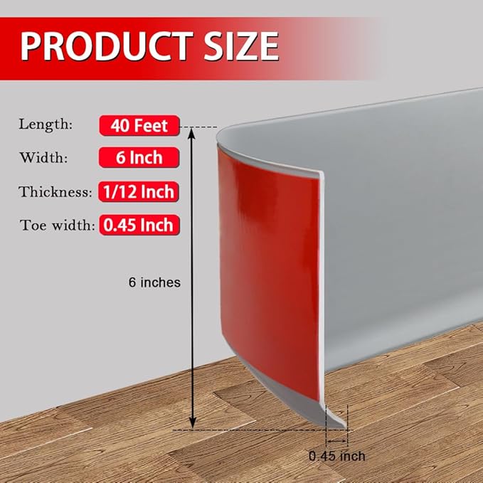 Vinyl Wall Base Baseboard Molding Trim 6" Flexible Self Adhesive Rubber Wall Base Moulding Trim Peel and Stick Design, 6 Inch x 40 Feet, Gray