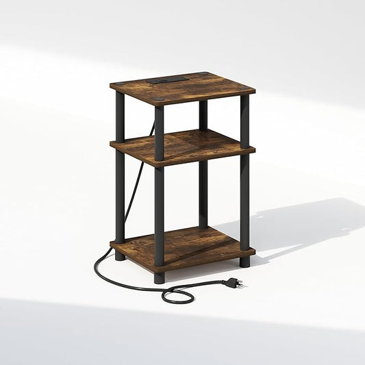 Furinno JUST Night Stand, 3-Tier Turn-N-Tube Nightstand with Charging Station, Bedside Table, End Table, Side Table with USB and Type-C Charging Port, for Bedroom, Living Room, Amber Pine