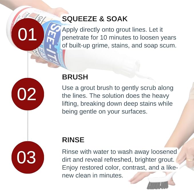 Grout & Tile Deep Cleaner Brightener & Heavy-Duty Stain Remover Acid-Free Safe for Ceramic, Porcelain, Marble, Stone - Two 32 fl. oz. Bottles with Floor Cleaning Brush