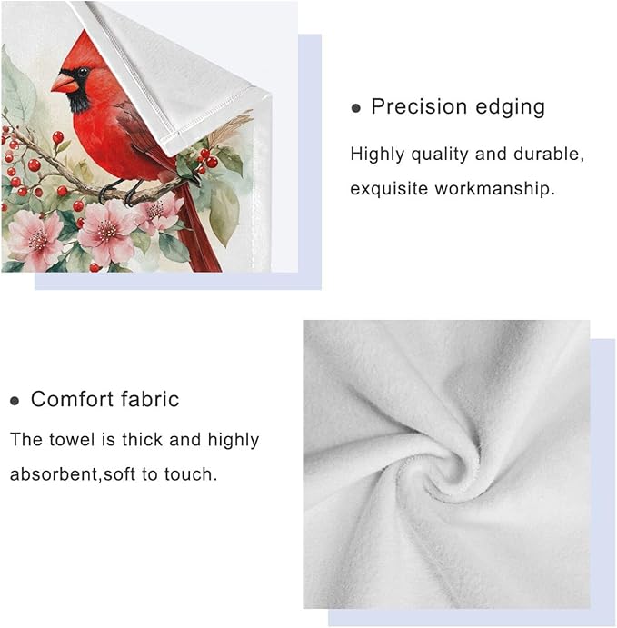 Pfrewn Christmas Winter Towels Set of 3 Red Cardinal Bird on Beautiful Flowers Bathroom Towel Soft Absorbent Bath Hand Towels Washcloth Guest Towel Sets Xmas Holiday Decor