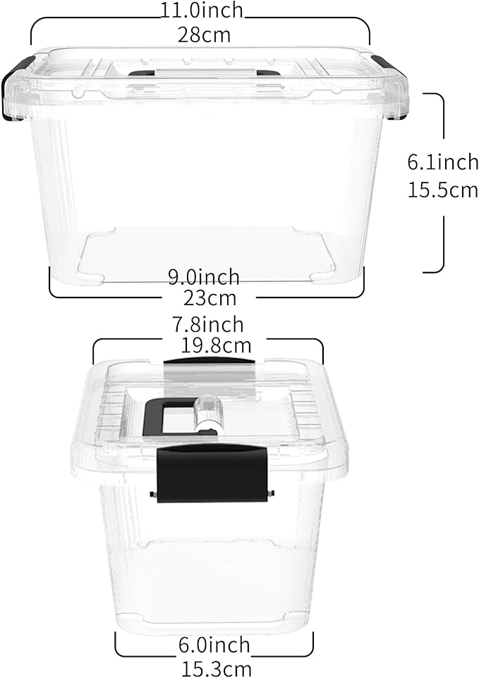 Lidded Storage Bin, Tote Organizing Container with Handle and Buckles, Stackable, Plastic, Clear, 6.8Qt, Pack of 20