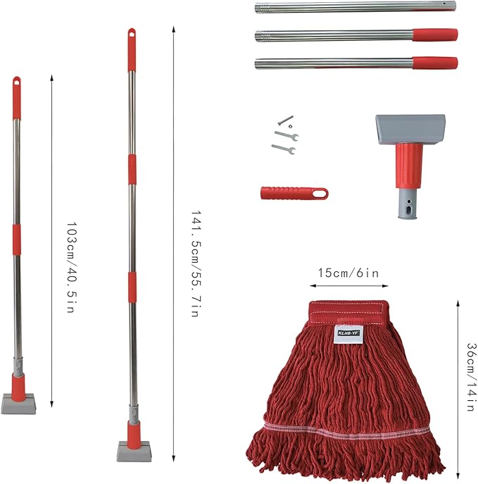 Heavy Duty Commercial Mop | 55.7" Stainless Steel Handle & 2 x 20.5 oz Looped-End Cotton Heads | Wet Mop for Home Garage Office Warehouse Floor Cleaning