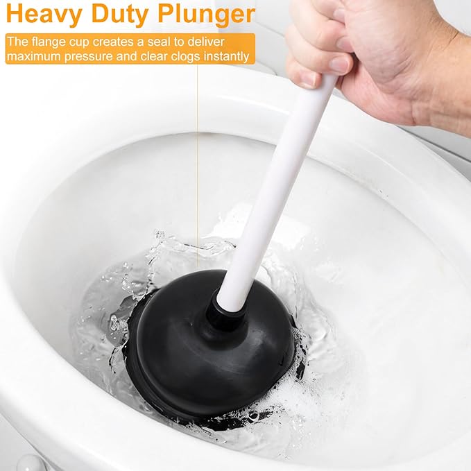 Toilet Brush with Plunger Set, Black, Plastic, 2 Piece Bathroom Cleaning Tool Kit with Holder
