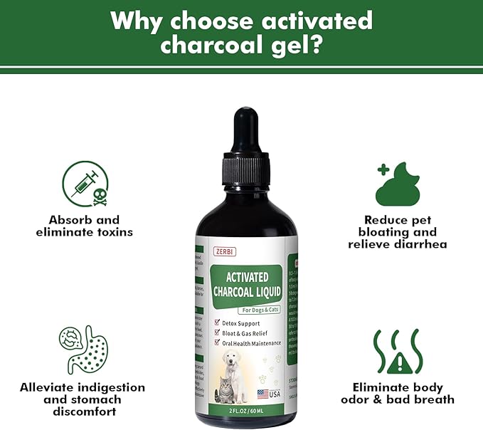 Activated Charcoal for Dogs(Liquid)–Dog First Aid Essential, Ready Rescue for Dogs – Detox, Diarrhea & Gas Relief, Non-GMO, 60ml