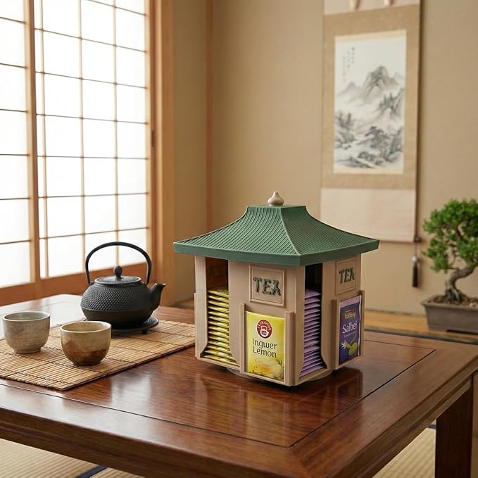 Rotating Japanese Tea Bag Organizer Dispenser - Pagoda Design, 360° Lazy Susan Base, Beige Body with Jungle Green Roof, Zen Matcha/Sencha/Tea Bag Storage Carousel for Kitchen Counter