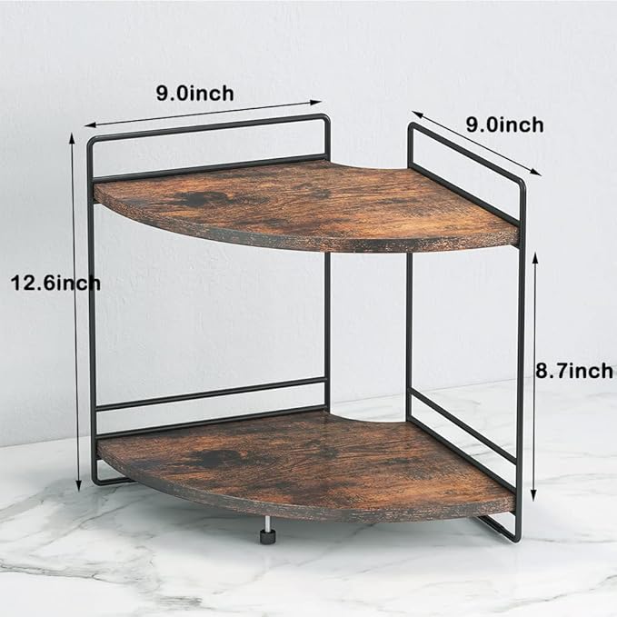 2 Tier Corner Shelf, Bathroom Organizer Countertop, Wooden Bathroom Trays for Counter Vanity Organizer, Makeup Cosmetic Storage Shelf, Kitchen Spice Rack, Rustic Brown