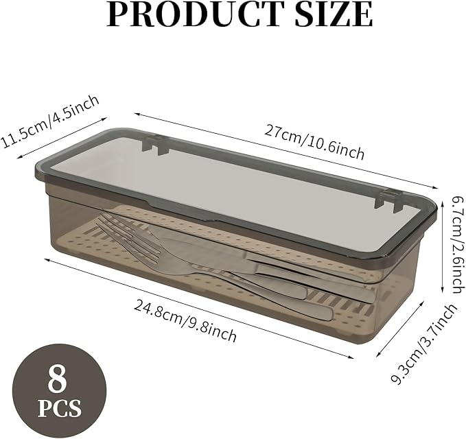 8 Pcs Flatware Tray with Lid Large Plastic Drainer Silverware Utensil Clear Drawer Organizer Cutlery Storage Container Box Dinnerware Holder with Cover for Home Kitchen Travel