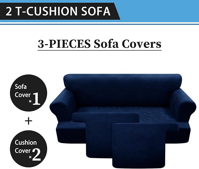 3-Pieces T Cushion Sofa Slipcovers Leather Look Couch Cover for 2 Cushion Couch Furniture Protector Stretch Sofa Cover with 2 Individual T Cushion Seat Covers Washable, Navy