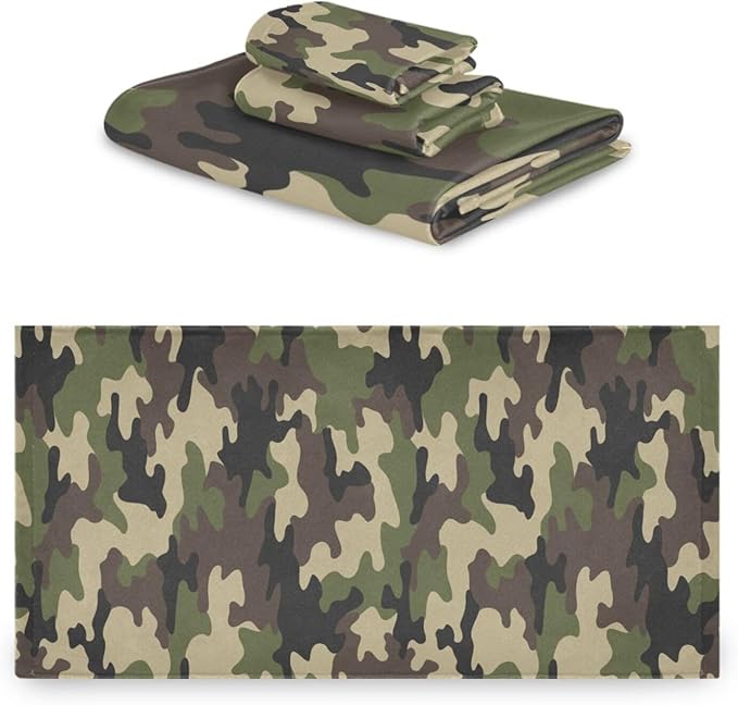 3 Piece Military Camouflage Bath Towel Set,Microfiber Decorative Green Black Army Camo Hunting Themed Bathroom Towels,1 Bath Towel 1 Hand Towel for Bathroom Kitchen,1 Washcloth for Face