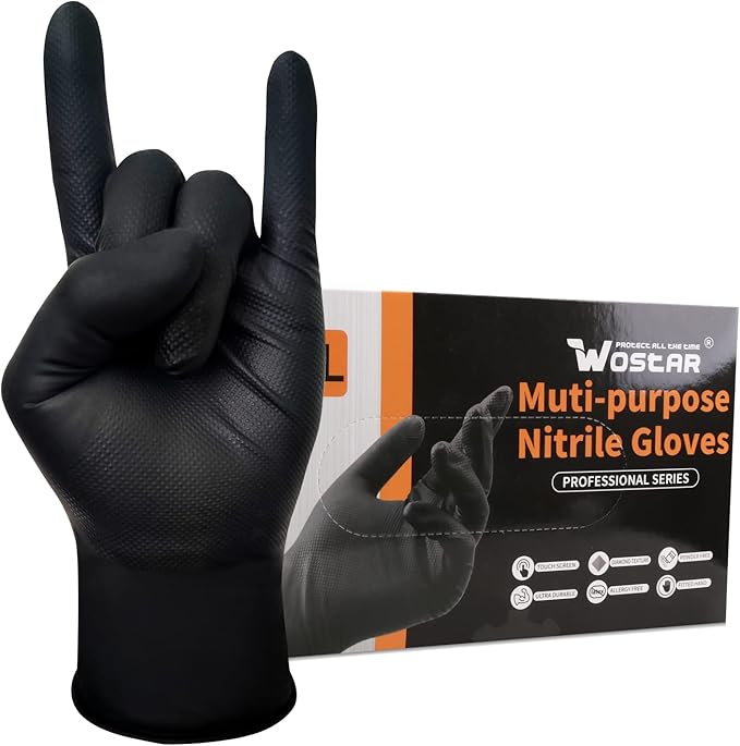Wostar Black Nitrile Industrial Gloves Large 8 Mil Raised Diamond Texture Latex & Powder Free Heavy Duty Gloves 100 Count