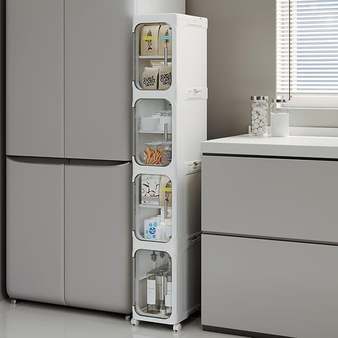 4-Tier Plastic Bathroom Slim Storage Cabinet with Magnetic Doors, Movable Wheels, Foldable Narrow Organizers and Storage for Small Spaces, Kitchen (White)