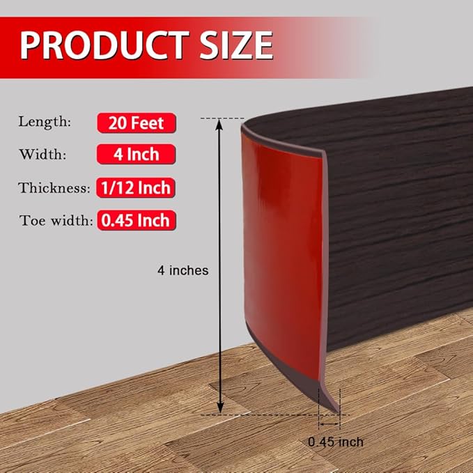 FONUNO Vinyl Wall Base Baseboard Molding Trim 4" Flexible Self Adhesive Rubber Wall Base Moulding Trim Peel and Stick Design, 4 Inch x 20 Feet, Black Walnut Wood Grain