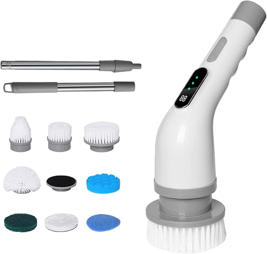 Electric Spin Scrubber, Cordless Cleaning Brush Scrubber for Home, 9 Replaceable Brush Heads, 50Mins Work Time, 3 Adjustable Size, 3 Strong Speeds for Bathroom Shower Bathtub Car Glass, Gray Color