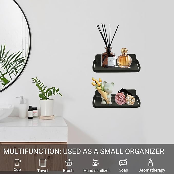 2 Pack Adhesive Floating Shelves No Drill Small Floating Shelf for Wall Storage Damage-Free Wall Mounted Organizer for Bathroom, Kitchen, Bedroom & Office (Black)