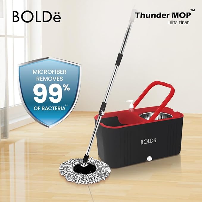 Thunder MOP Spin System - Ultra Clean - Single Bucket Microfiber Head, Stainless Steel Wringer, Antifungal Quick-Dry Cleaning, Soap Dispenser, 3 Free Refills (Black/White)