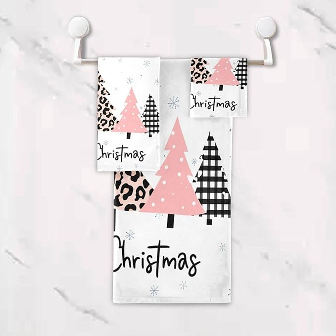 Pfrewn Plaid Pink Christmas Tree Towels Set of 3 Winter Forest Leopard Tree Grey Snowflakes Bathroom Towel Soft Absorbent Bath Hand Towels Washcloth Guest Towel Sets Xmas Holiday Decor