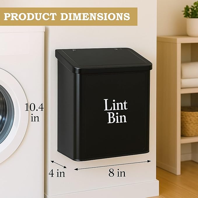 Magnetic Lint Bin for Laundry Room Organization & Storage, Wall-Mounted Dryer Lint Bin Trash Can with Lid, Lint Box Includes Brush, 2 White Hooks, 1 Black Hook, Screws & Magnet Glue (Black)