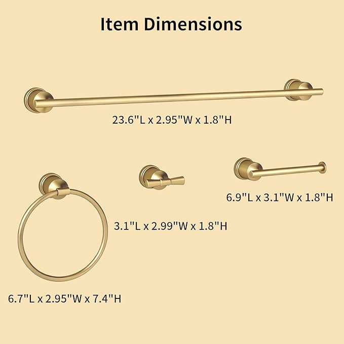 YUMORE Gold Bathroom Hardware Set, 4-Pieces Wall Mounted Bath Accessories Kit, Stainless Steel Towel Bar, Towel Ring, Toilet Paper Holder & Robe Hooks, Modern Brushed Gold Finish