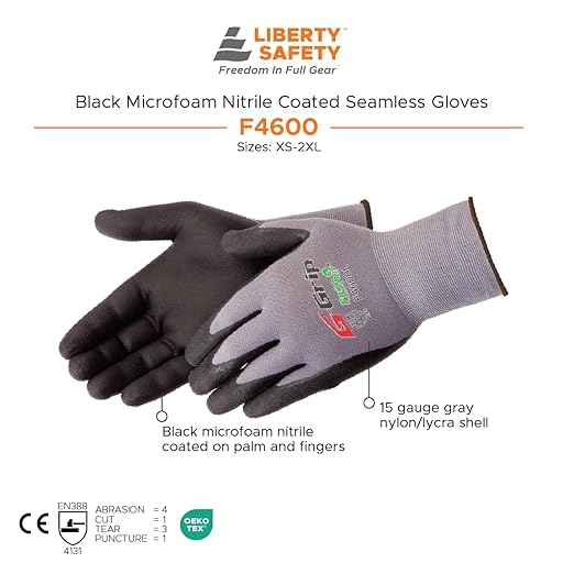 Liberty F4600 G-Grip Micro-Foam Nitrile Palm Coated Seamless Gloves with 15-Gauge Nylon Shell | Ideal for Automotive, Manufacturing, General Purpose | Gray/Black, Large (Pack of 12)