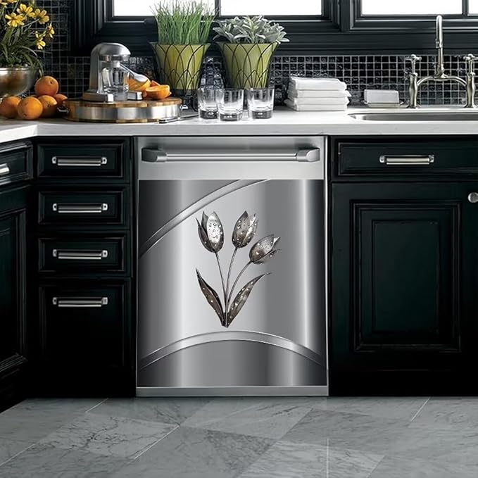 Gray Metallic Flower Pattern Magnet Dishwasher Cover Stainless Steel Magnetic Cover, Kitchen Dishwasher Door Magnet Cover Panel Refrigerator Decortive Sticker (23" x 26" Magnetic)