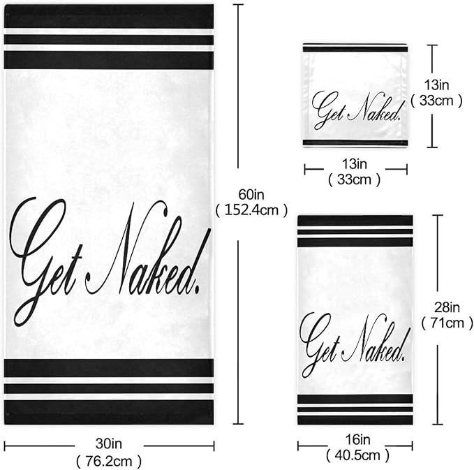 Funny Quotes Get Naked Bath Towels Set,Ultra Soft 3 Piece Black and White Stripes Towels for Bathroom,1 Bath Towel 1 Hand Towel 1 Washcloth,Absorbent Quick Dry Decoractive Bathroom Towels