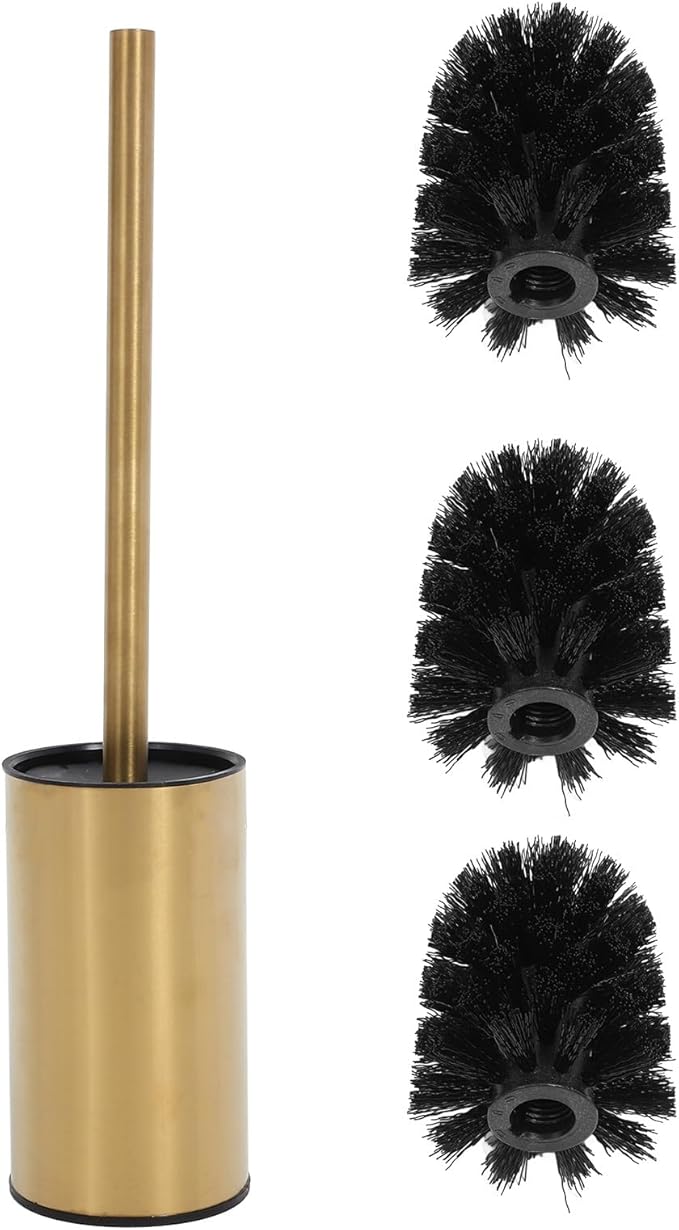 VICASKY Toilet Bowl Brush Holder Set with 3 Replacement Heads 304 Stainless Steel Gold Finish Round Stand for Bathroom Toilet Cleaning Tool Household Brush Cleaner