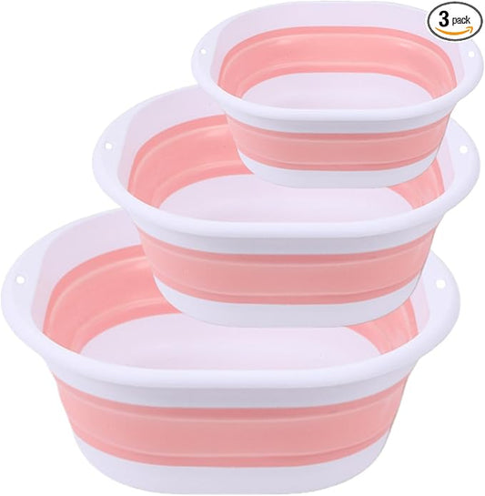 3-piece folding washbasin set, foldable dishwasher basin, space-saving folding sink, suitable for apartments, camping, dishwashing, fruit and beverage container, hiking, and household use (Pink)