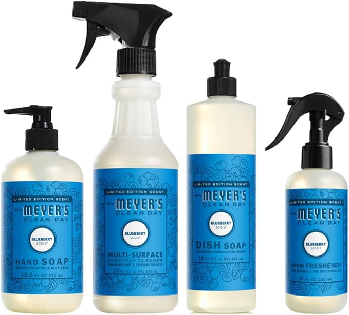 Mrs. MEYER'S Clean Day Blueberry Scent Variety Pack, Liquid Hand Soap 12.5 OZ, Multi-Surface Cleaner 16 OZ, Liquid Dish Soap 16 OZ, Room Freshener 8 OZ, 1 CT