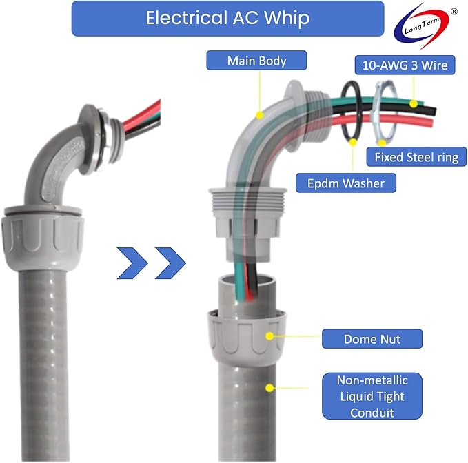 Electrical AC Whip Assembly -1/2" x 6ft Non-Metallic Liquid Tight Electrical Conduit and 10 Gauge Wire A/C Hook-up Whip Kit