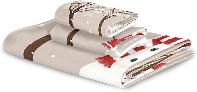 Pfrewn Winter Snowman Bird Tree Snow Towels Set of 3 Snowflakes Peach Christmas Bathroom Towel Soft Absorbent Bath Hand Towels Washcloth Guest Towel Sets Rustic Farmhouse Xmas Holiday Decor
