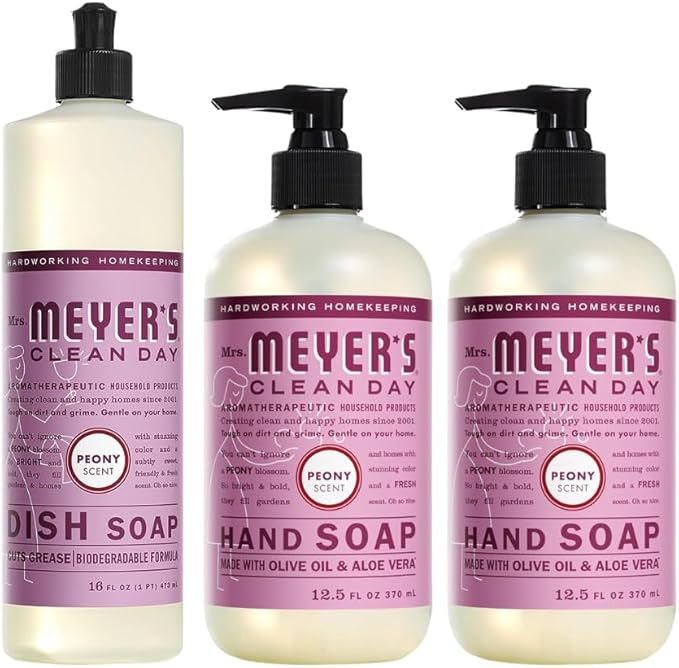 Mrs. MEYER'S CLEAN DAY Variety, 2 Liquid Hand Soap 12.5 OZ, 1 Liquid Dish Soap, 16 FL OZ (Peony)
