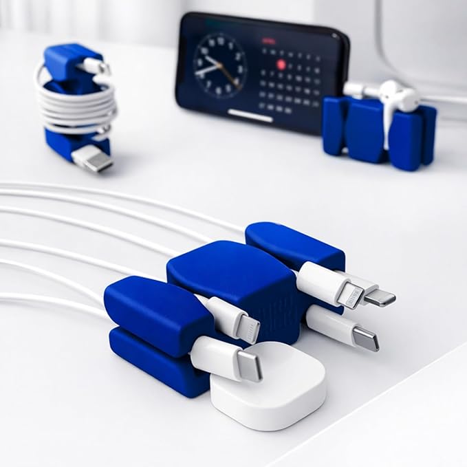 CordBrick Stocking Stuffers for Adults Cord Management Weighted Cord Holder Cable Wrap Phone Stand - Multiuse Gadget Organizer for Nightstand, Desk. Gift for Men, Durable Silicone. 4 pk Blue