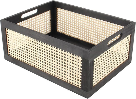 Black Wooden Basket, Rattan Storage Basket for Organizing, 14.96"x11.02"x6.30"
