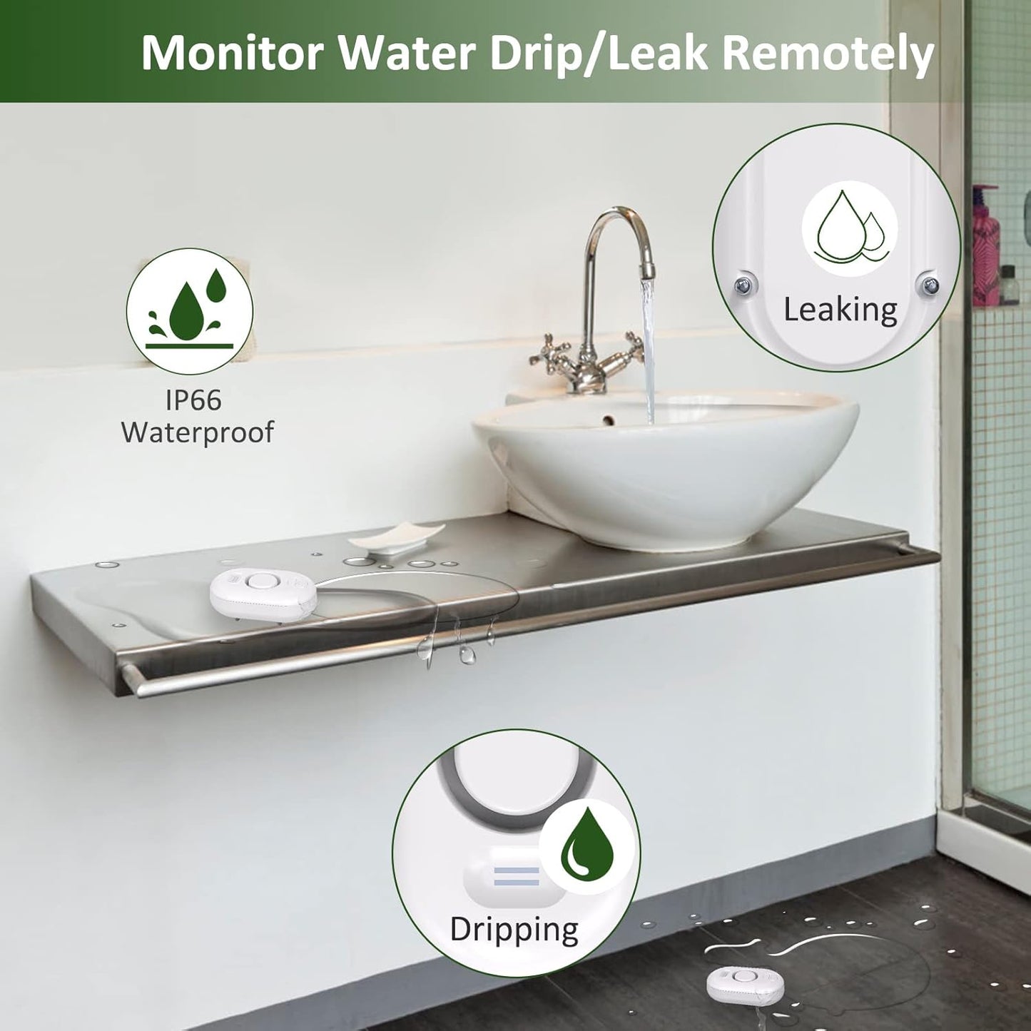 Water Leak Detector Sensor Alarm (2-Pack) — Basement, Sink & Floor Flood Alert