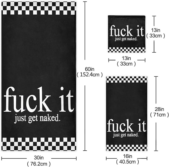 Black and White Checkered Bath Towels Set,Ultra Soft 3 Piece Funny Quotes Get Naked Towels for Bathroom,1 Bath Towel 1 Hand Towel 1 Washcloth,Absorbent Quick Dry Decoractive Bathroom Towels