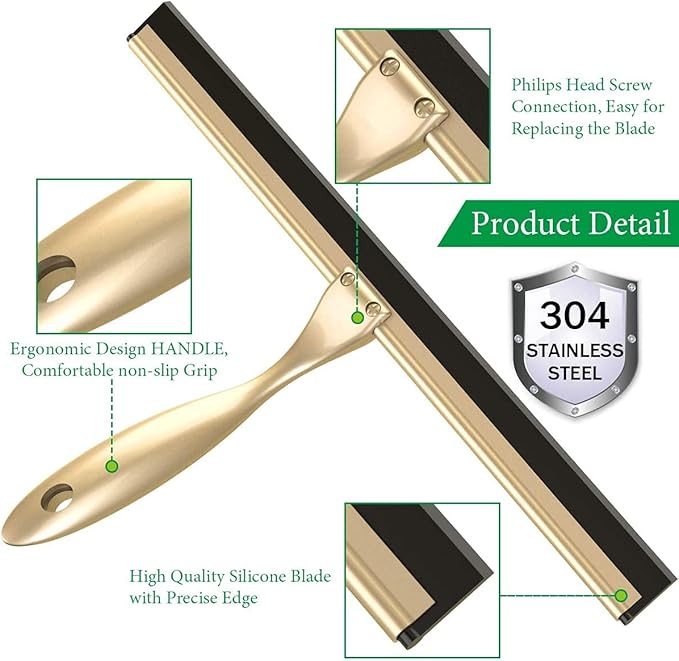 Stainless Steel Squeegee for Shower Doors, All-Purpose Shower Squeegee for Bathroom, Window and Car Glass, 14 Inches Brushed Gold