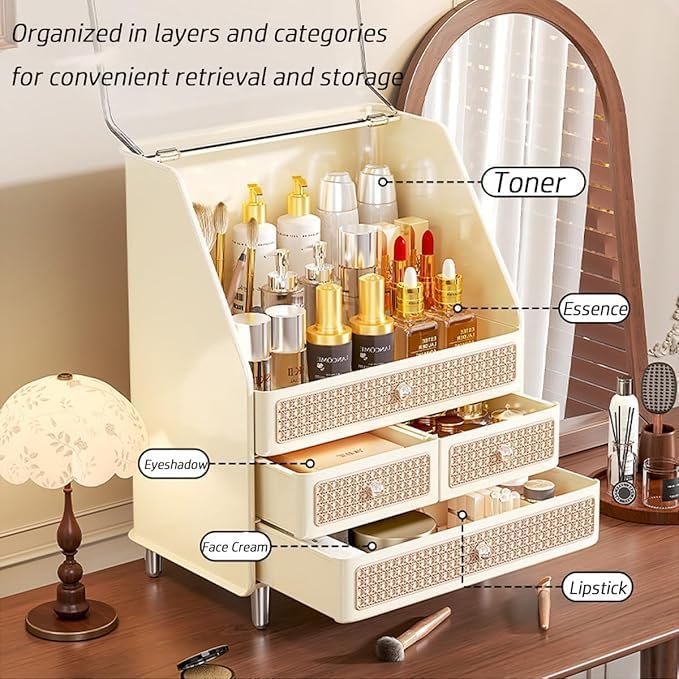 Large Cosmetic Storage Box Dustproof And Waterproof. Display Case with Drawers Countertop Vanity Organizer for Skincare, Lipsticks, Perfume – Bathroom Cosmetic Storage Display Box (Green)