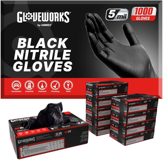 GLOVEWORKS Black Nitrile Gloves 5 Mil Disposable, Latex Free, Textured Grip for Food Service, Cooking, Professional Cleaning