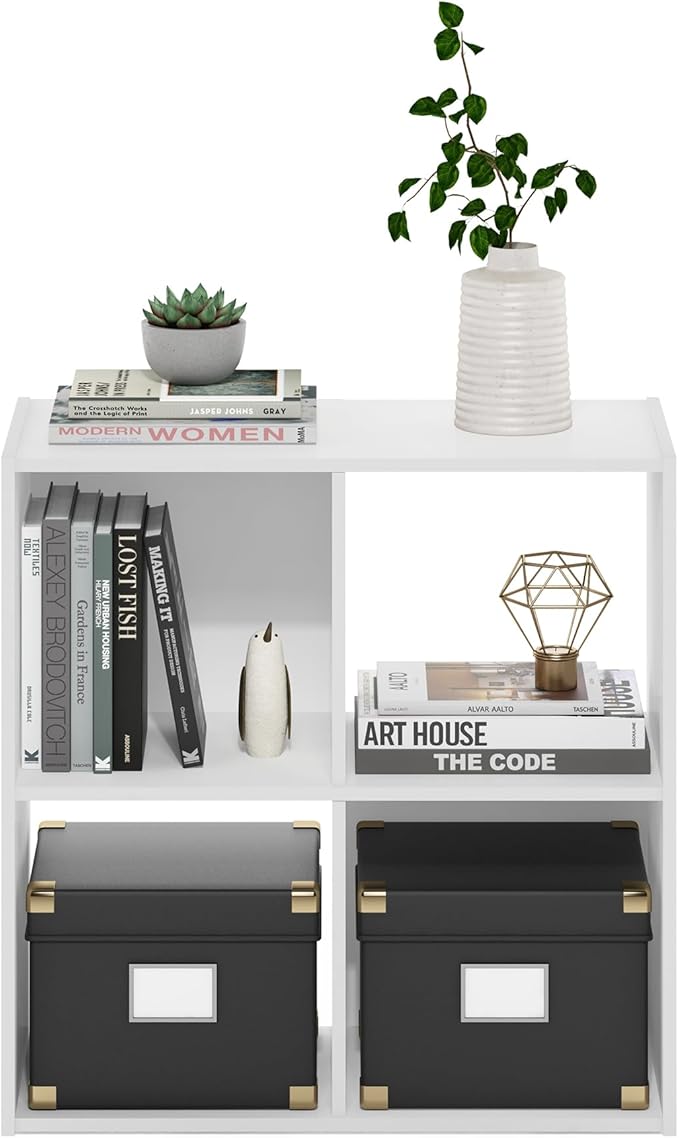 Furinno PELLI Book Shelf, 4 Cube Bookshelf with Open Back & Closed Back Cubes, 2 x 2 Storage Organizer Cabinet, 11.6" x 24.2" x 24.2", for Living Room, Bedroom, Home Office, White