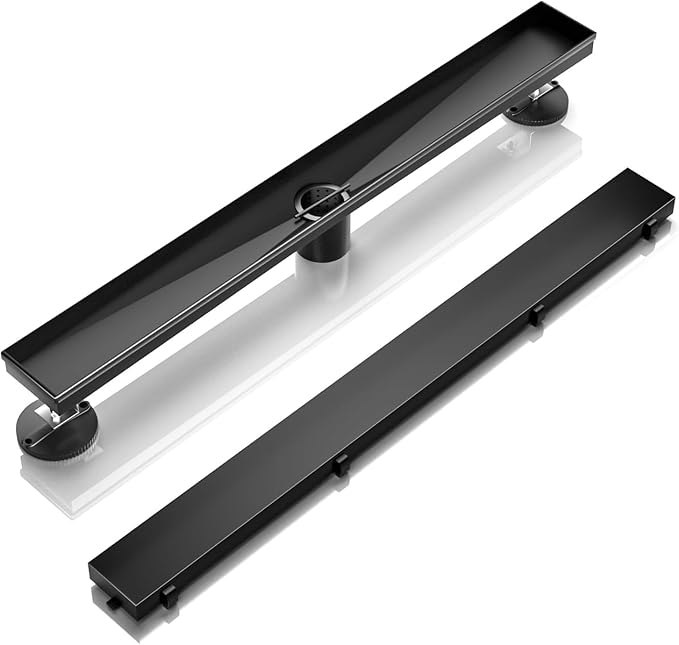 ELLO&ALLO 24 Inch Matte Black Linear Shower Drain, SUS304 Stainless Steel Rectangle Shower Floor Drain with 2-in-1 Flat & Tile Insert Cover