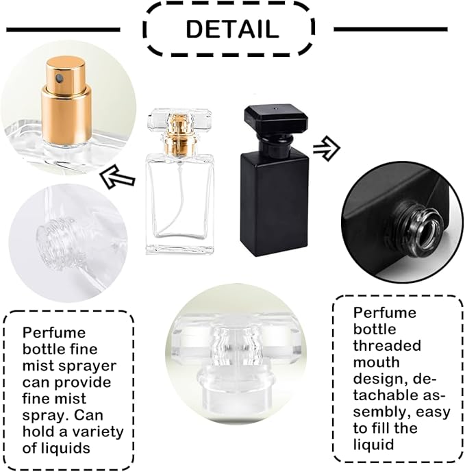 Glass Perfume Bottle Empty Refillable 8Pack Clear Travel Perfume Spray Atomizer Bottle 50ml Perfume Fine Mist Spray Perfume Bottle Atomizer Container with Sprayer Applicator (Black Square 50ml 8PCS)